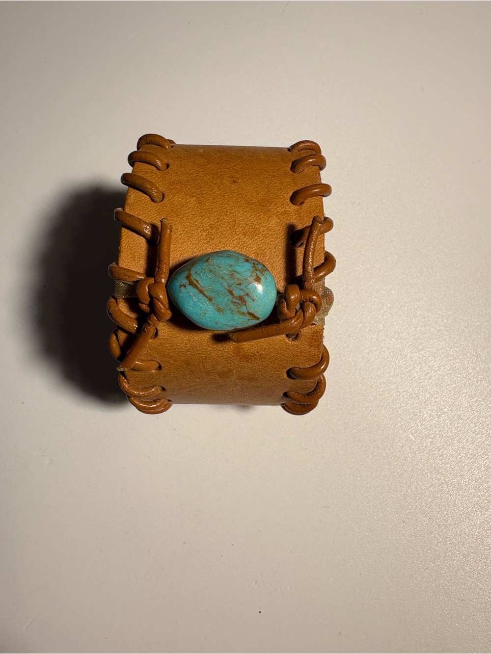 Handmade Tan Leather Cuff Bracelet with Turquoise colored Stone